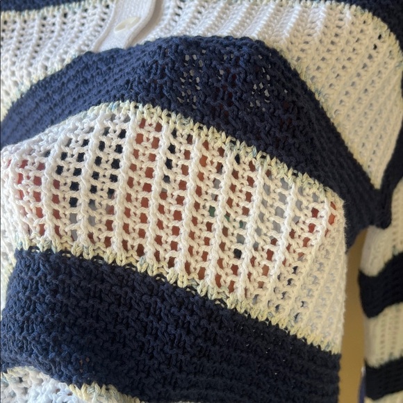 Talbots Like New SzL Petite Open Stitch Sailor Collar Sweater Blue White Stripe - Picture 10 of 10